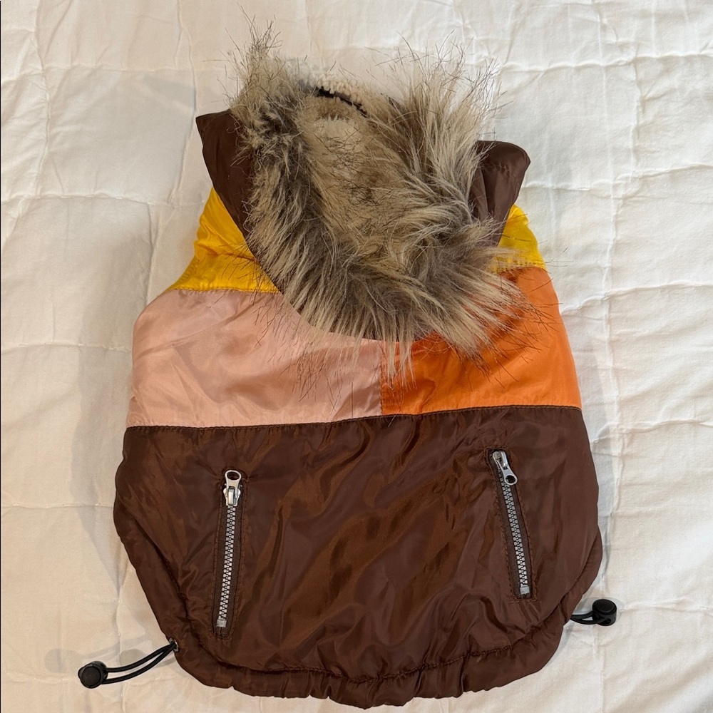 Stylish Brown and Orange Dog Jacket with Fur Trim.